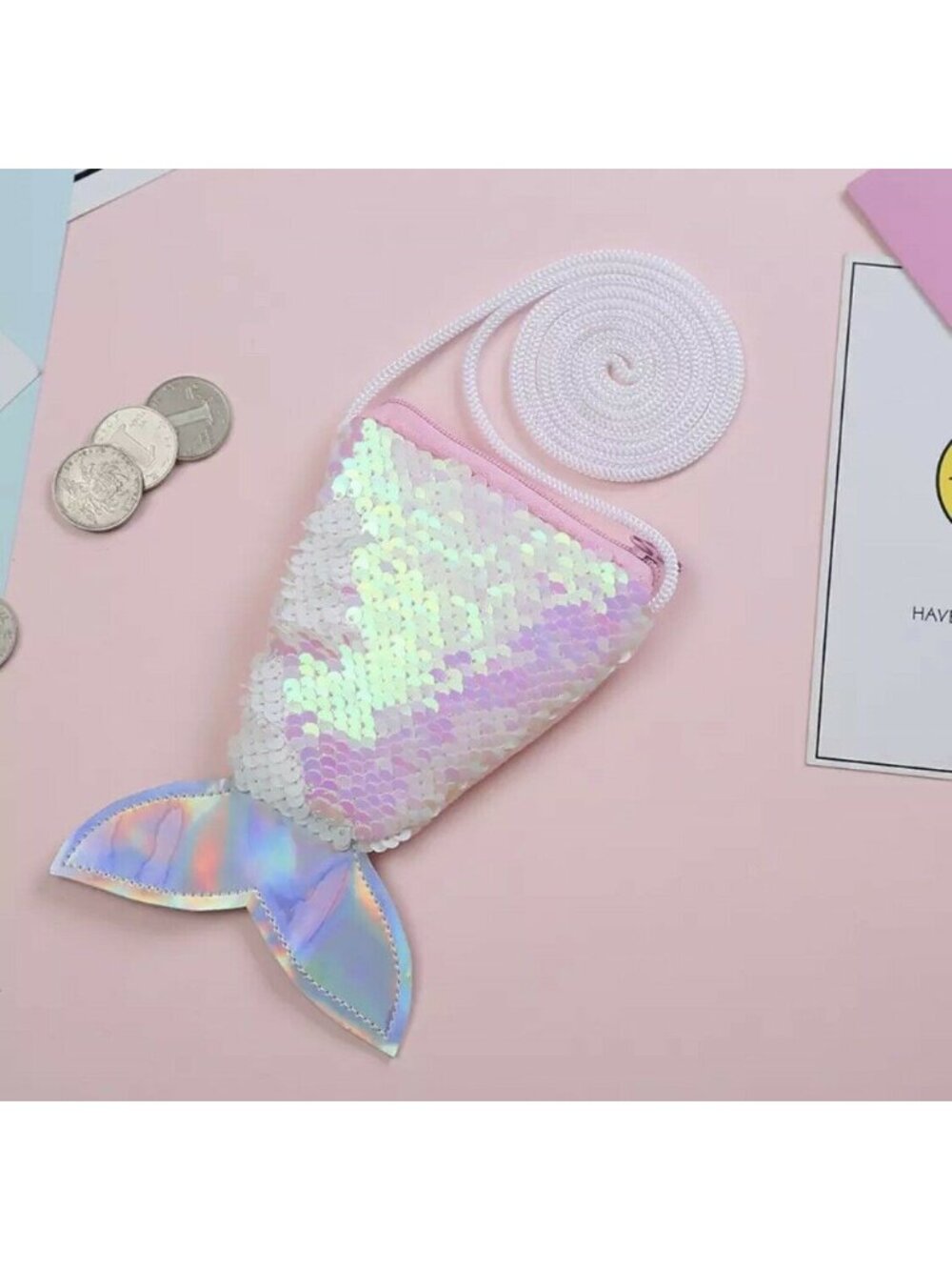 Mermaid Tail Sequin Coin Purse Girls Wallet Bag Pouch Dress Up Play Zippered NEW